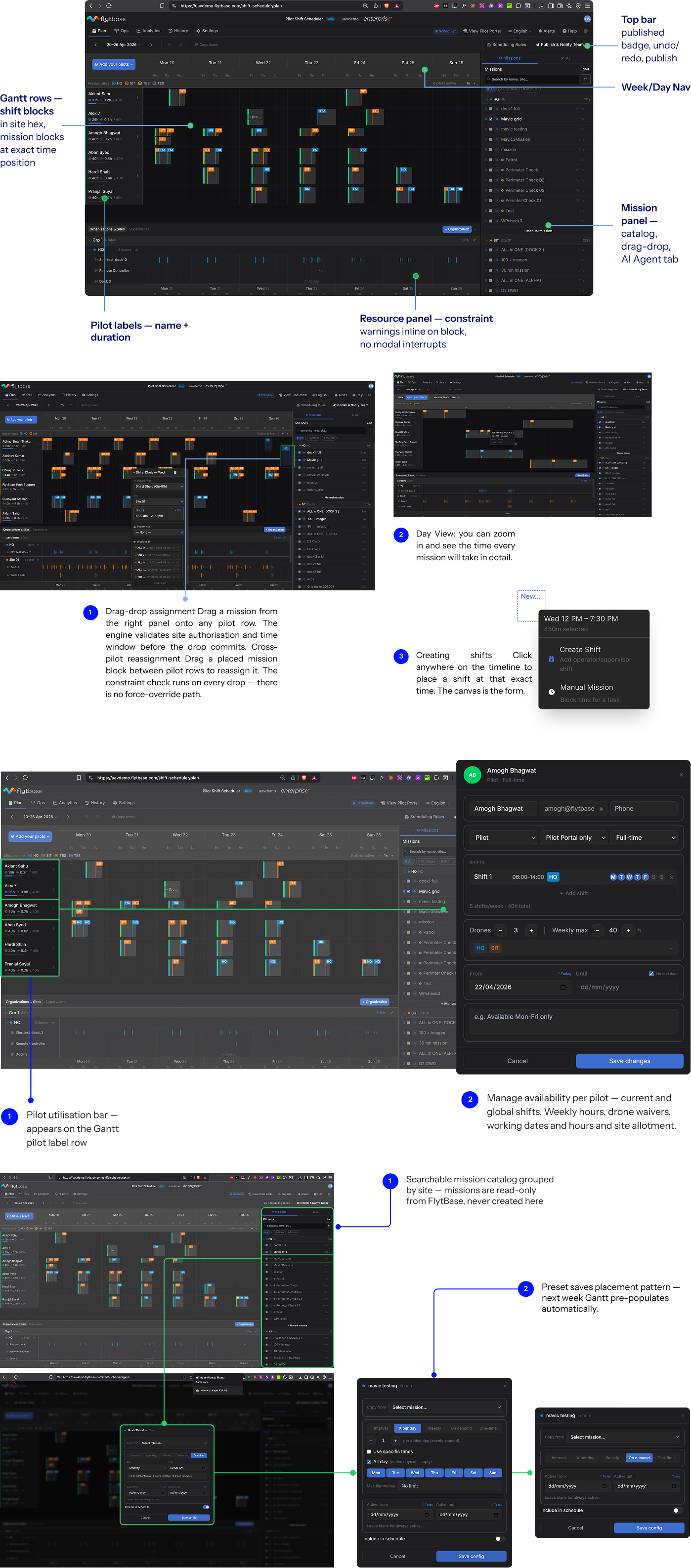 Pilot shift scheduler — plan, ops dashboard, analytics, history, pilot portal, and settings screens